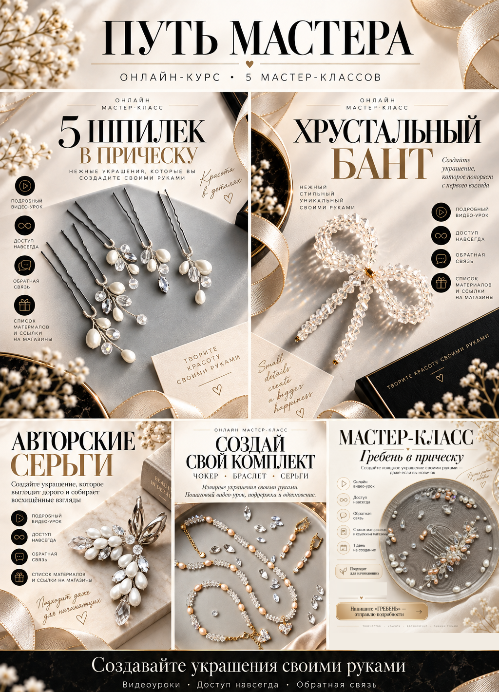 Курс «Путь мастера»: шпильки, бант, серьги, комплект и гребень